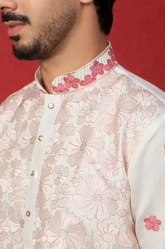 Cotton silk floral embroidered ombre pink mandarin collar kurta