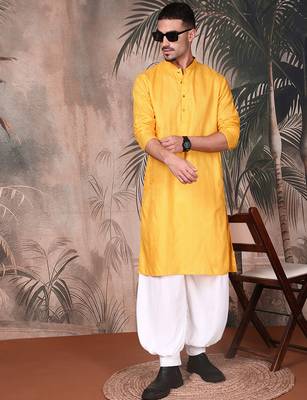 Mustard cotton textured kurta pajama for mens 2