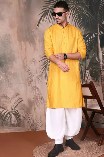Mustard cotton textured kurta pajama for mens