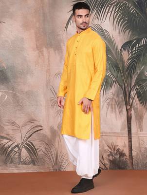 Mustard cotton textured kurta pajama for mens 3