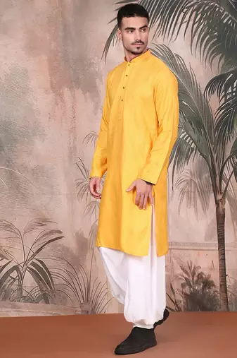 Mustard cotton textured kurta pajama for mens