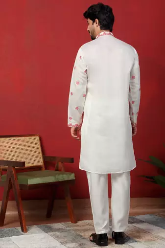 Cotton silk floral embroidered ombre pink mandarin collar kurta