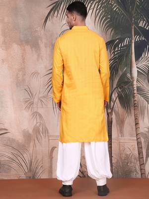 Mustard cotton textured kurta pajama for mens 4