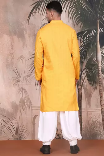 Mustard cotton textured kurta pajama for mens
