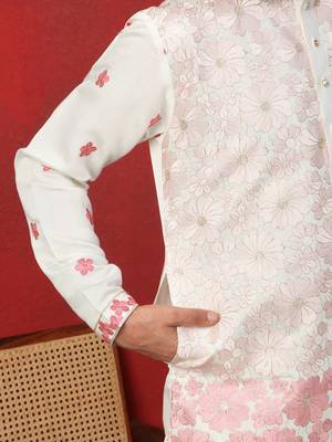 Cotton silk floral embroidered ombre pink mandarin collar kurta 4