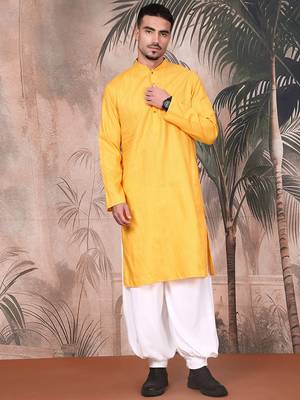 Mustard cotton textured kurta pajama for mens 5