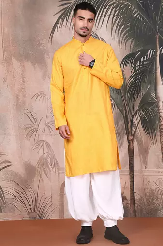 Mustard cotton textured kurta pajama for mens