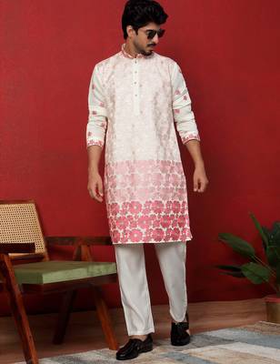 Cotton silk floral embroidered ombre pink mandarin collar kurta 5