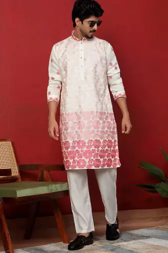 Cotton silk floral embroidered ombre pink mandarin collar kurta