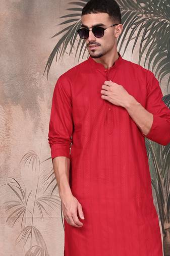 Red cotton textured kurta pajama for mens