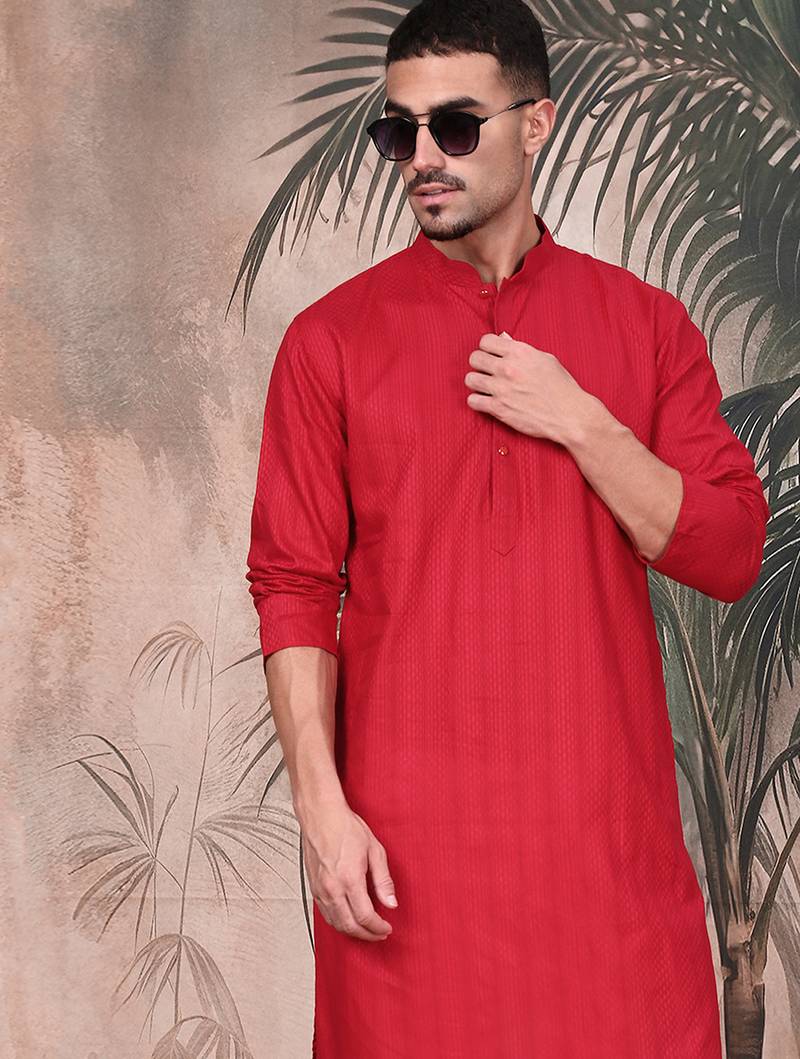 Red cotton textured kurta pajama for mens