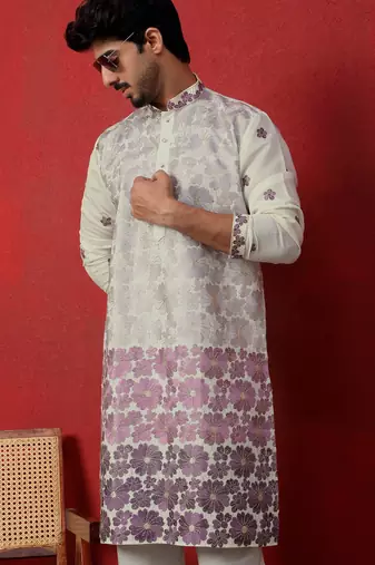 Cotton silk floral embroidered ombre purple mandarin collar kurta