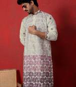Cotton silk floral embroidered ombre purple mandarin collar kurta