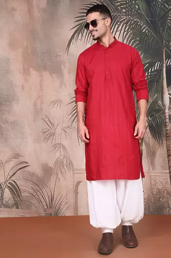 Red cotton textured kurta pajama for mens