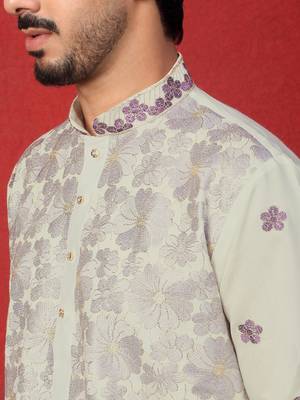 Cotton silk floral embroidered ombre purple mandarin collar kurta 2
