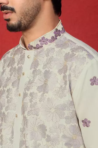 Cotton silk floral embroidered ombre purple mandarin collar kurta