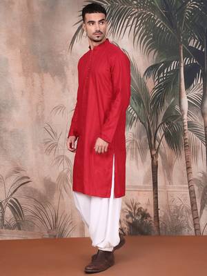 Red cotton textured kurta pajama for mens 3