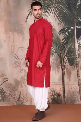 Red cotton textured kurta pajama for mens