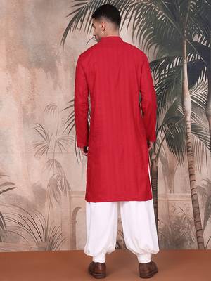 Red cotton textured kurta pajama for mens 4