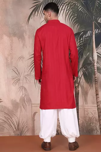 Red cotton textured kurta pajama for mens