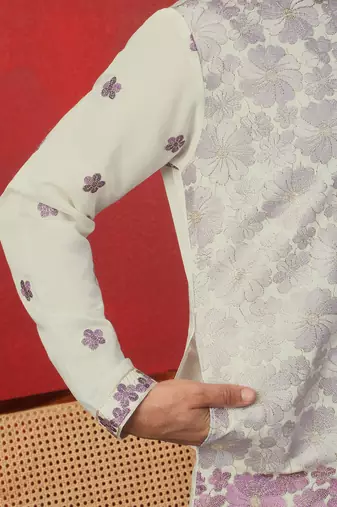 Cotton silk floral embroidered ombre purple mandarin collar kurta