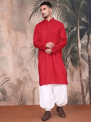 Red cotton textured kurta pajama for mens 5