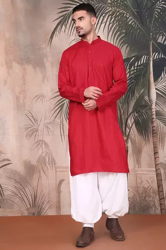 Red cotton textured kurta pajama for mens