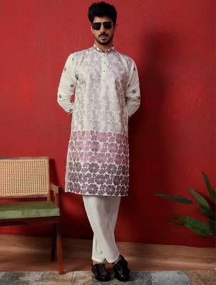Cotton silk floral embroidered ombre purple mandarin collar kurta 5