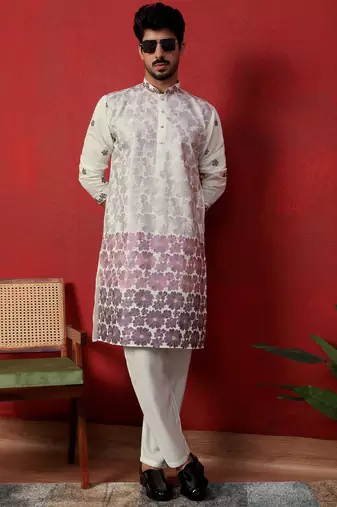 Cotton silk floral embroidered ombre purple mandarin collar kurta