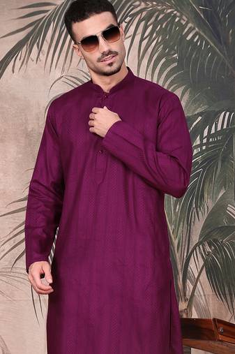 Purple cotton textured kurta pajama for mens