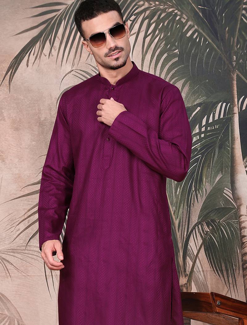 Purple cotton textured kurta pajama for mens