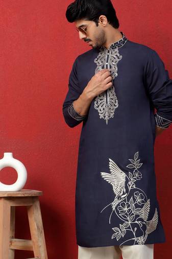 Cotton silk zari work placement embroidered blue mandarin collar kurta
