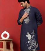 Cotton silk zari work placement embroidered blue mandarin collar kurta