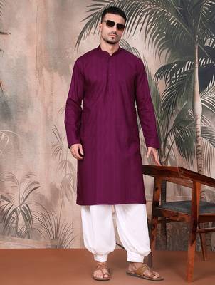 Purple cotton textured kurta pajama for mens 2
