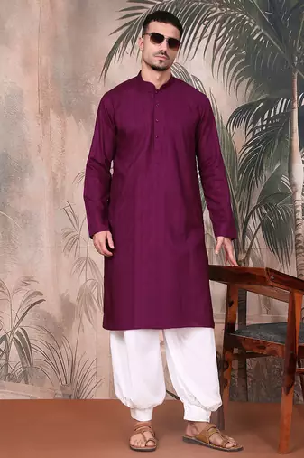 Purple cotton textured kurta pajama for mens