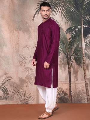 Purple cotton textured kurta pajama for mens 3