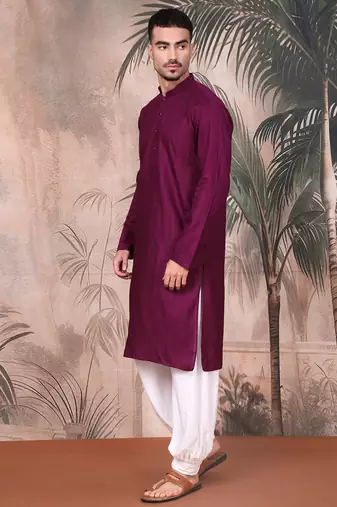 Purple cotton textured kurta pajama for mens