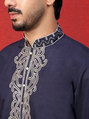 Cotton silk zari work placement embroidered blue mandarin collar kurta 2