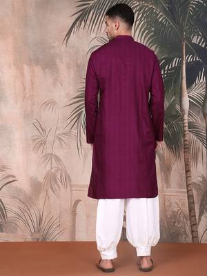 Purple cotton textured kurta pajama for mens 4