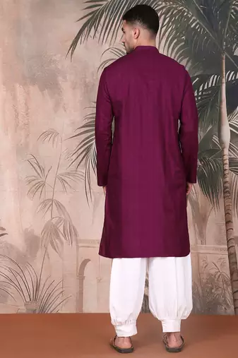Purple cotton textured kurta pajama for mens