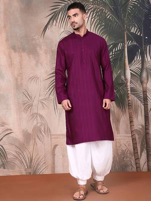 Purple cotton textured kurta pajama for mens 5
