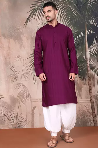 Purple cotton textured kurta pajama for mens