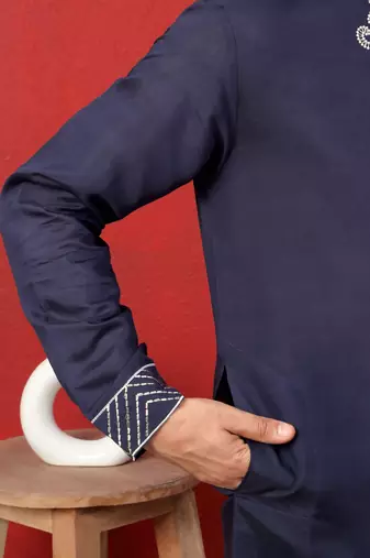 Cotton silk zari work placement embroidered blue mandarin collar kurta