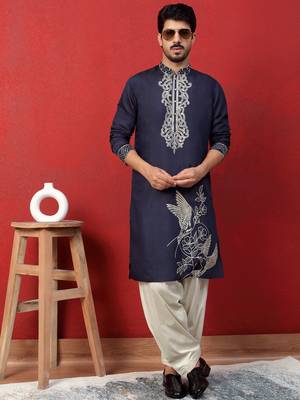 Cotton silk zari work placement embroidered blue mandarin collar kurta 5