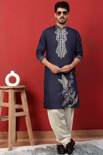 Cotton silk zari work placement embroidered blue mandarin collar kurta