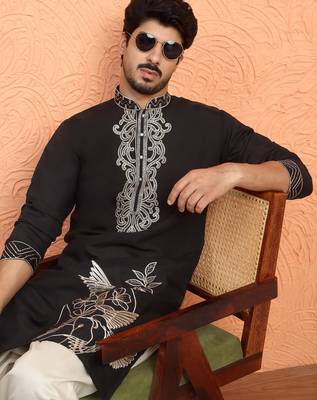 Cotton silk zari work placement embroidered black mandarin collar kurta 1