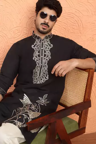 Cotton silk zari work placement embroidered black mandarin collar kurta