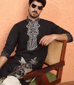 Cotton silk zari work placement embroidered black mandarin collar kurta