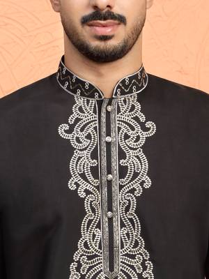 Cotton silk zari work placement embroidered black mandarin collar kurta 2