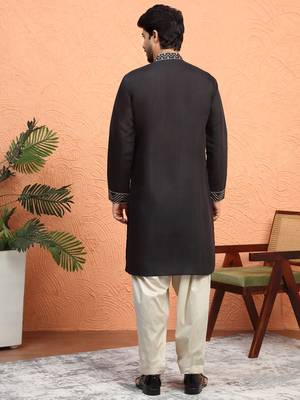 Cotton silk zari work placement embroidered black mandarin collar kurta 3